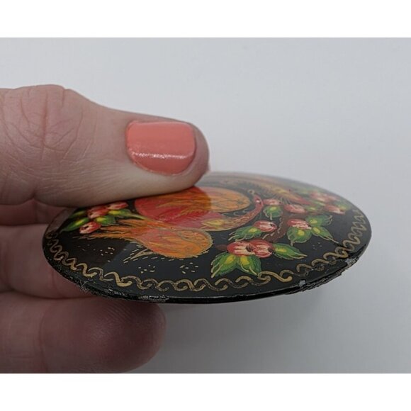 Russian Hand Painted Signed Black Lacquer Floral & Fire Bird Round Brooch Pin 2" - Picture 11 of 11